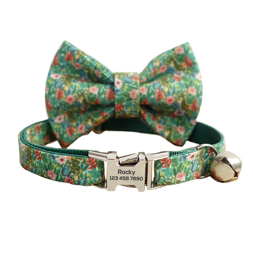 Custom Cat Collar with Bow Tie, Flower Personalized Kitten Collar with Free Bell, Cotton Cat Collar, Cat Gift