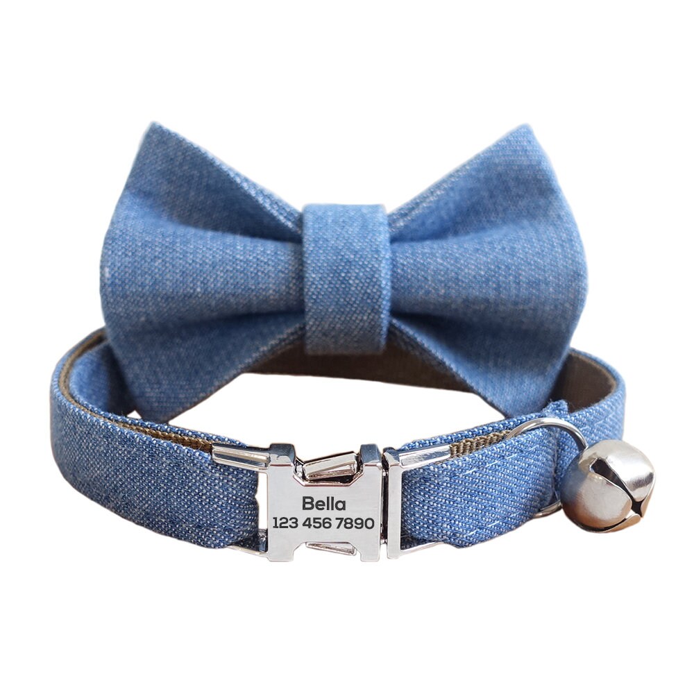 Cowboy Personalized Cat Collar with Bow Tie, Custom Kitten Collar with Removable Free Bell, Personalised Cotton Boy Cat Collar, Cat Gift