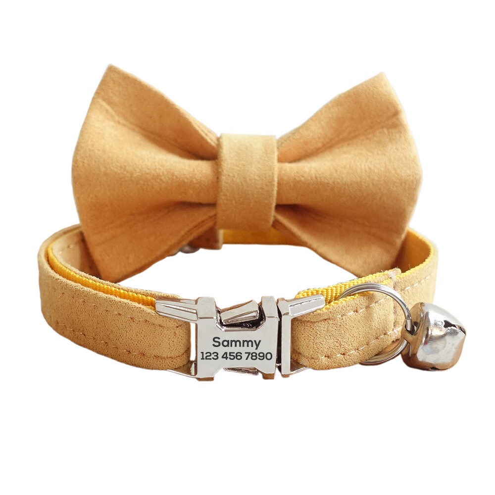 Personalized Cat Collar with Bow Tie, Solid Custom Kitten Collar with Free Removable Bell, Cotton Personalised Cat Collar, Cat Gift