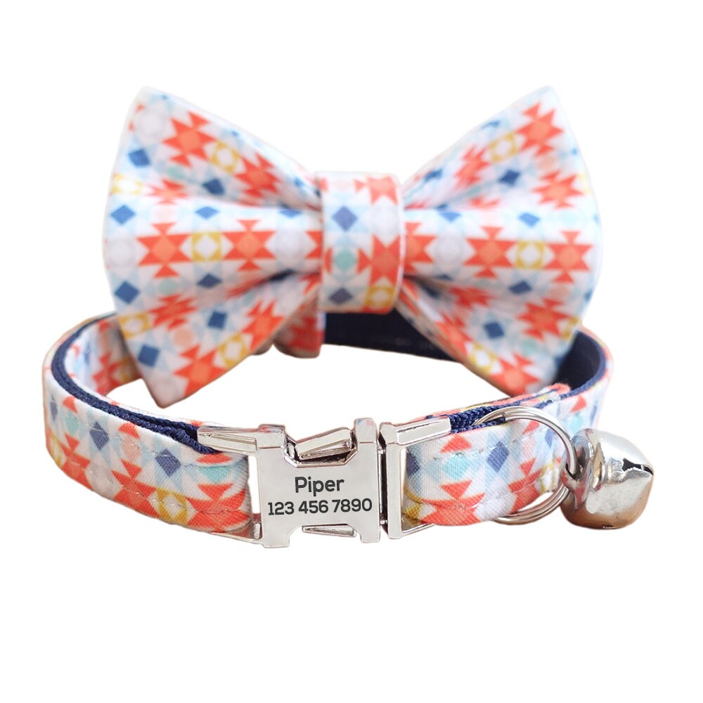 Custom Cat Collar with Bow Tie, Personalized Kitten Collar with Free Bell, Cotton Boy Cat Collar, Cat Gift