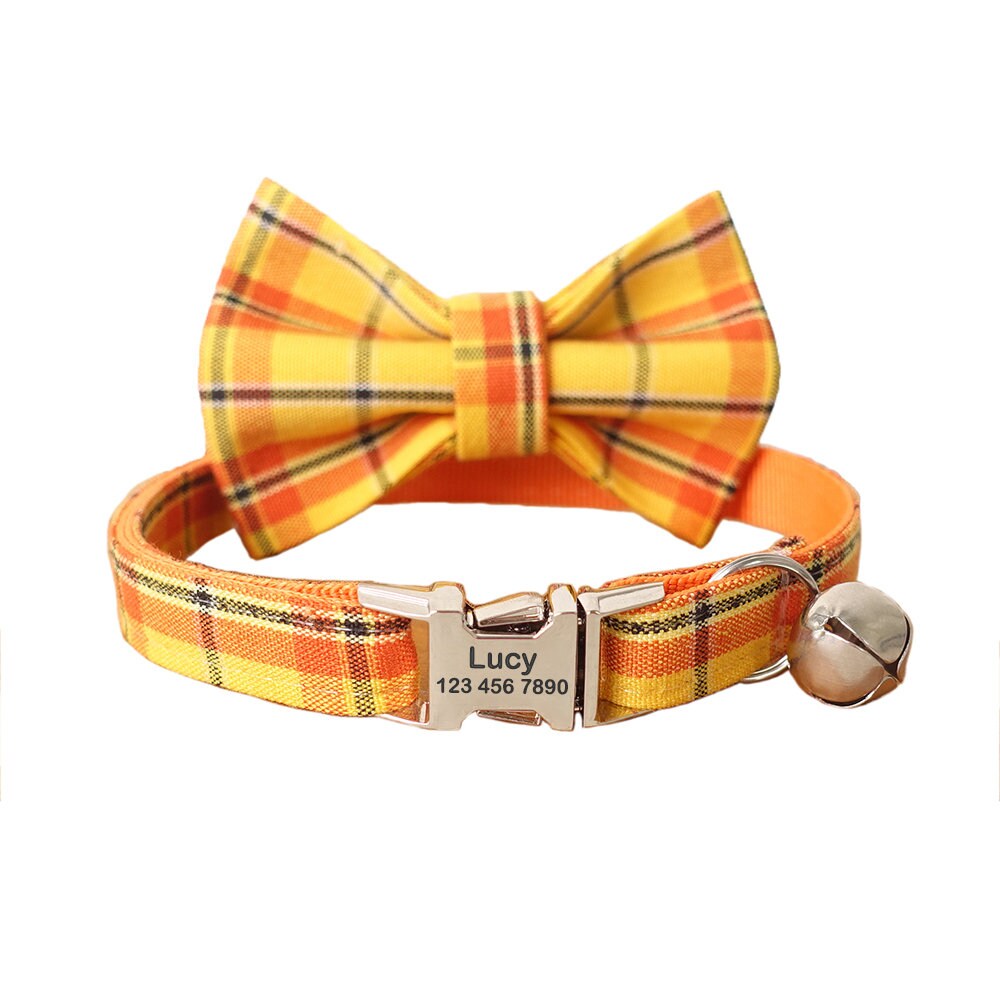 Plaid Custom Cat Collar with Bow Tie, Personalized Kitten Collar with Free Removable Bell, Cute Personalised Cat Collar Cat Gift