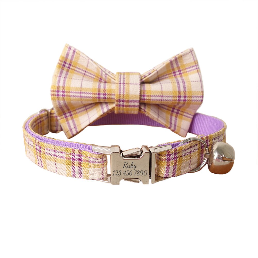 Plaid Custom Cat Collar with Bow Tie, Personalized Kitten Collar with Free Removable Bell, Cute Personalised Cat Collar Cat Gift