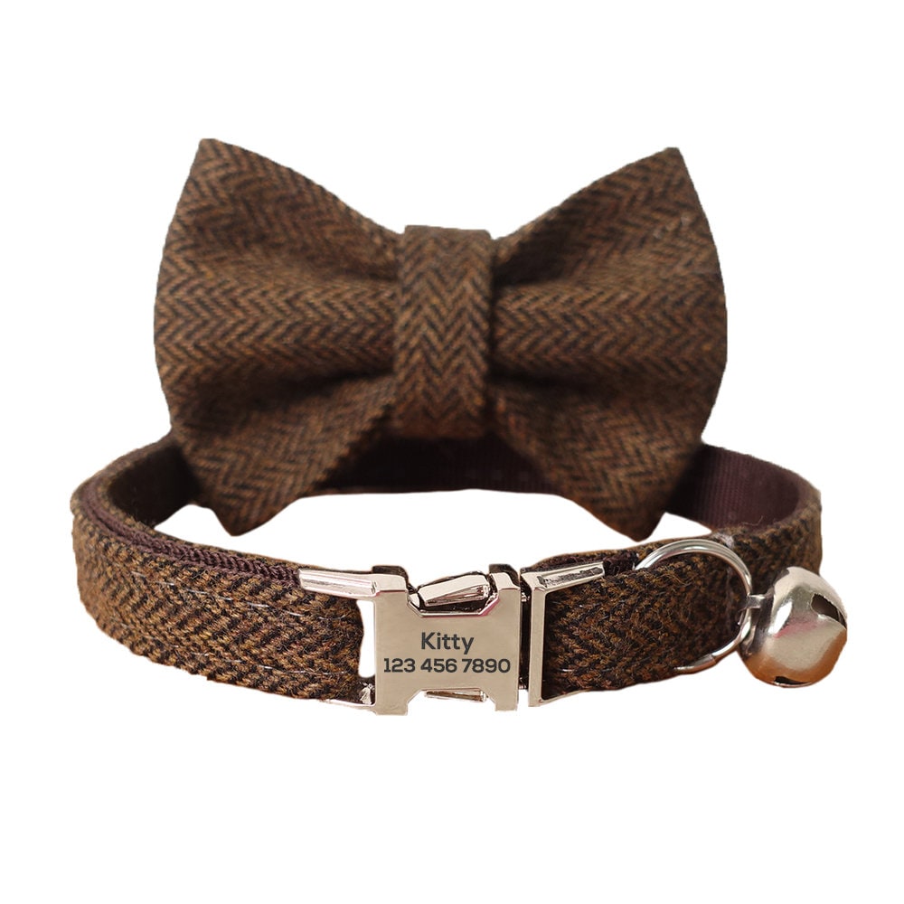 Custom Cat Collar with Bow Tie, Personalized Kitten Collar with Free Bell, Cotton Boy Cat Collar, Cat Gift