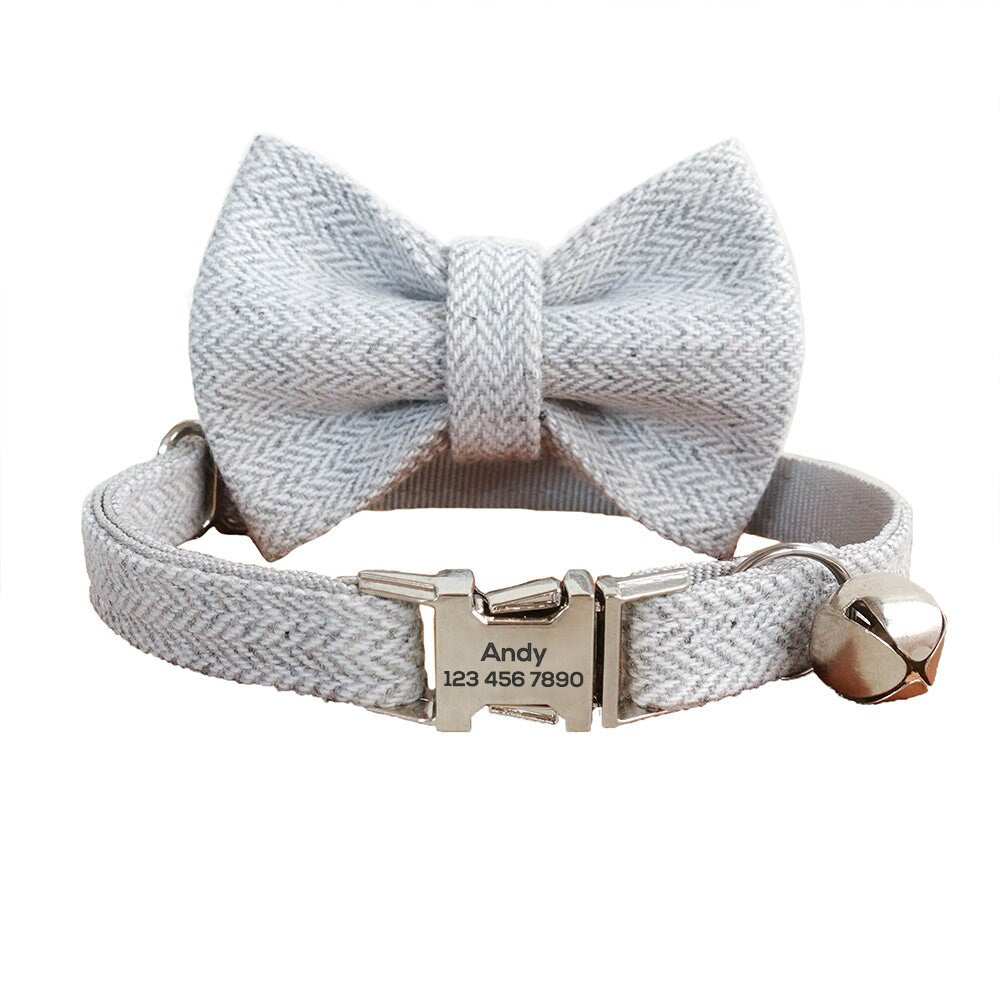 Custom Cat Collar with Bow Tie, Personalized Kitten Collar with Free Bell, Cotton Boy Cat Collar, Cat Gift