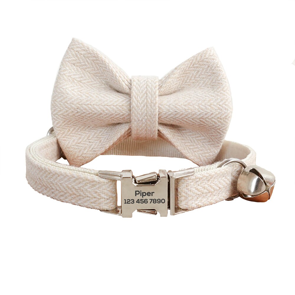 Custom Cat Collar with Bow Tie, Personalized Kitten Collar with Free Bell, Cotton Boy Cat Collar, Cat Gift