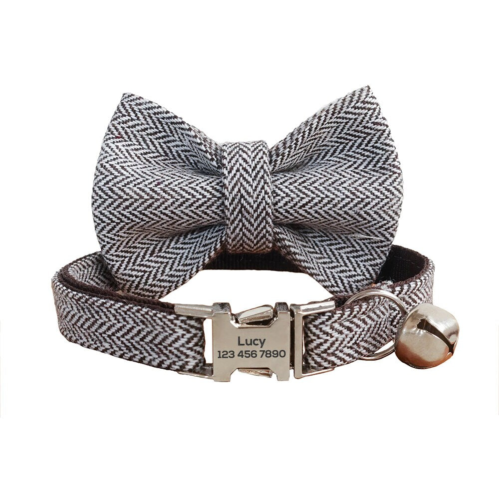 Custom Cat Collar with Bow Tie, Personalized Kitten Collar with Free Bell, Cotton Boy Cat Collar, Cat Gift