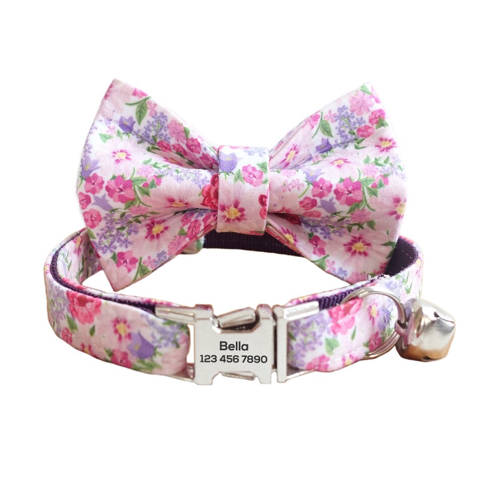 Custom Cat Collar with Bow Tie, Flower Personalized Kitten Collar with Free Bell, Cotton Cat Collar, Cat Gift