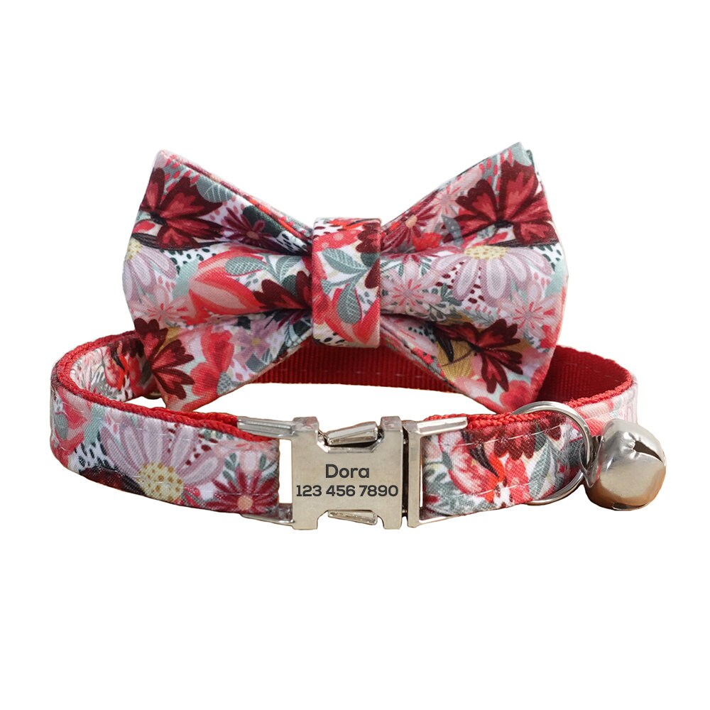 Custom Cat Collar with Bow Tie, Flower Personalized Kitten Collar with Free Bell, Cotton Cat Collar, Cat Gift