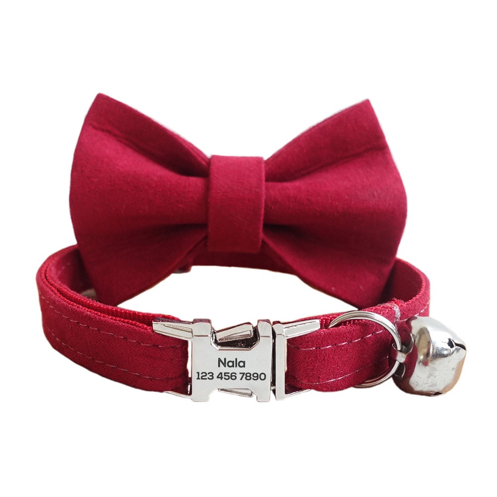 Personalized Cat Collar with Bow Tie, Solid Custom Kitten Collar with Free Removable Bell, Cotton Personalised Cat Collar, Cat Gift